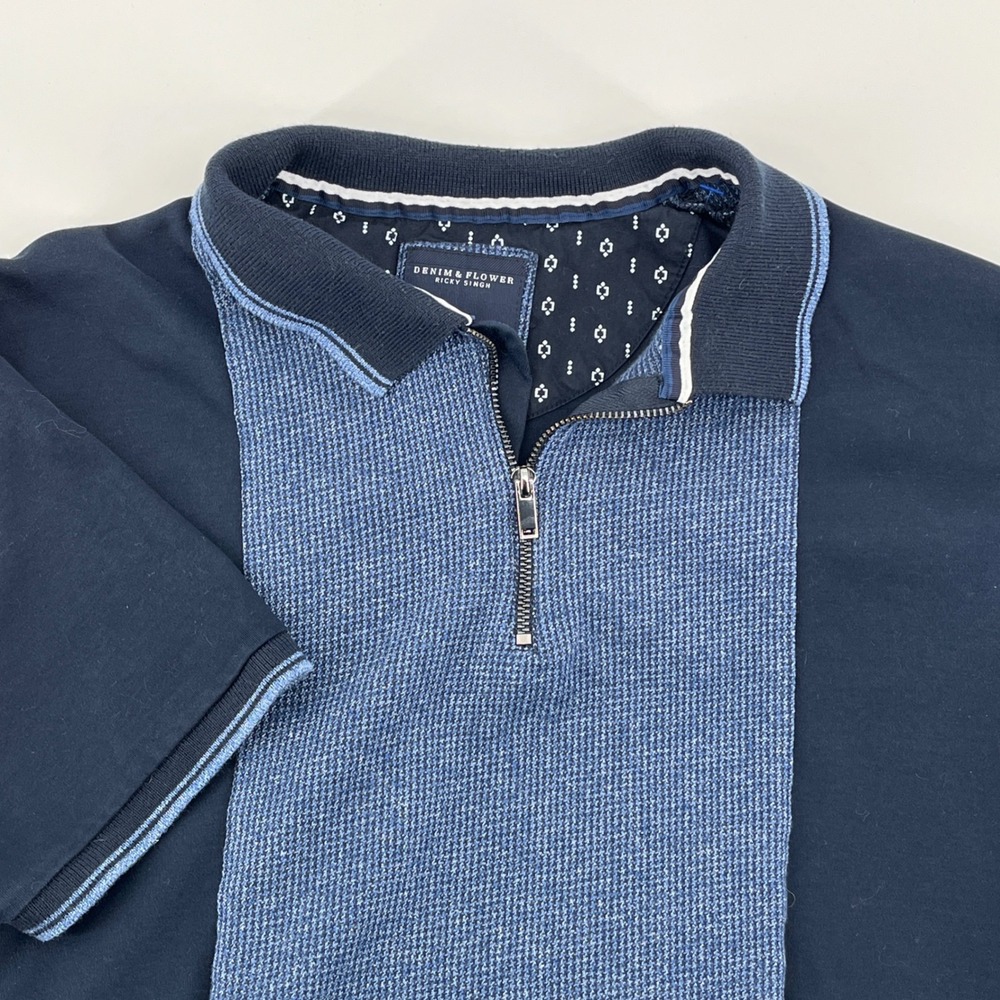 Denim & Flower Polo Shirt Mens Small Blue Excellent Quarter Zip Short Sleeve
